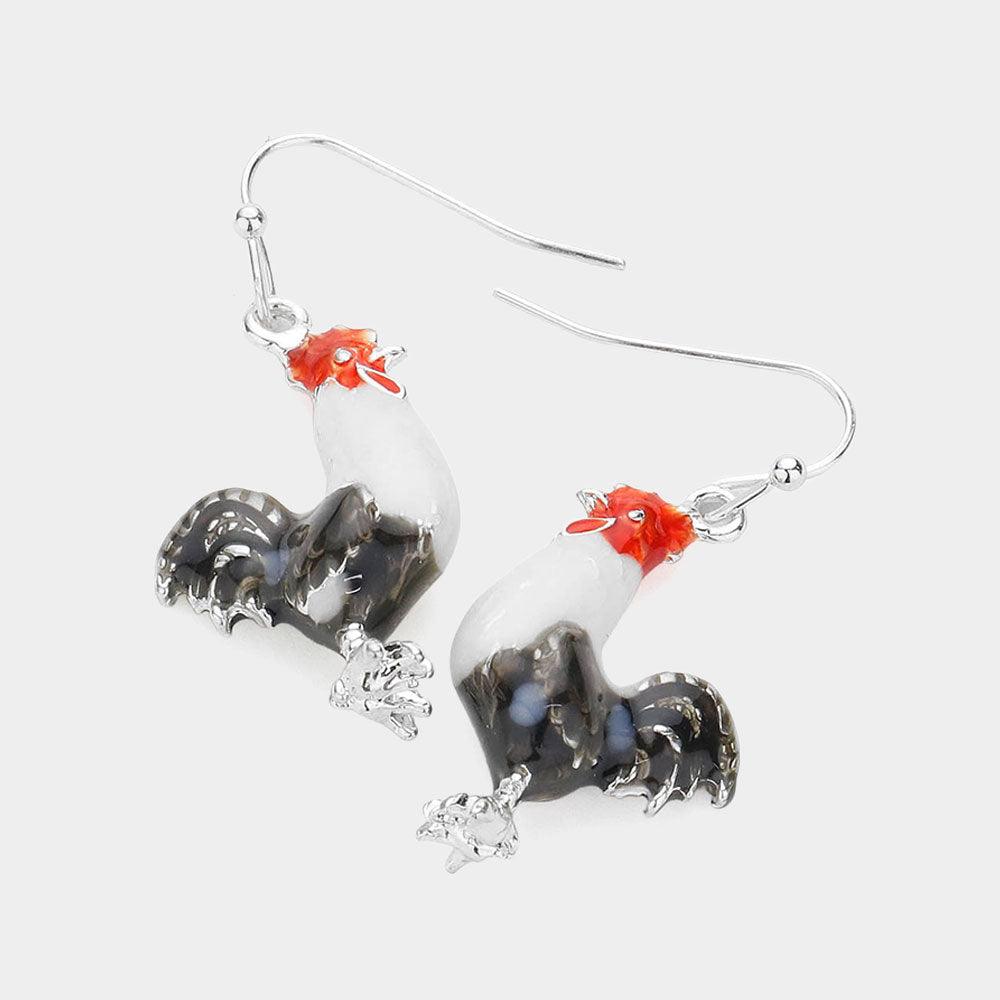 White Enamel Rooster Dangle Earrings