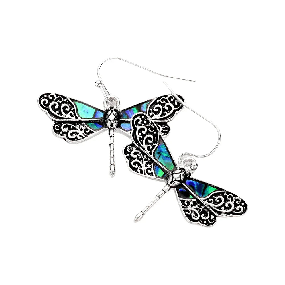 Abalone Embossed Antique Metal Dragonfly Dangle Earrings - Jewelry Store by Erik Rayo