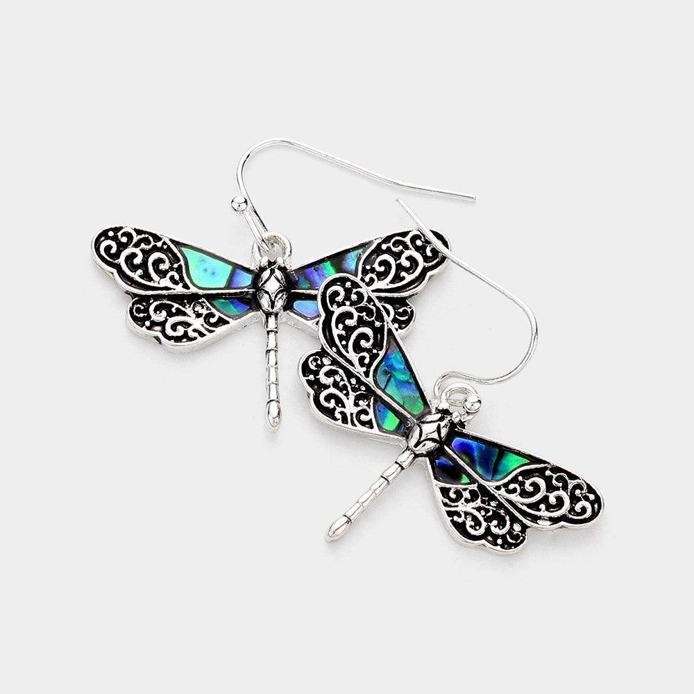 Abalone Embossed Antique Metal Dragonfly Dangle Earrings - Jewelry Store by Erik Rayo