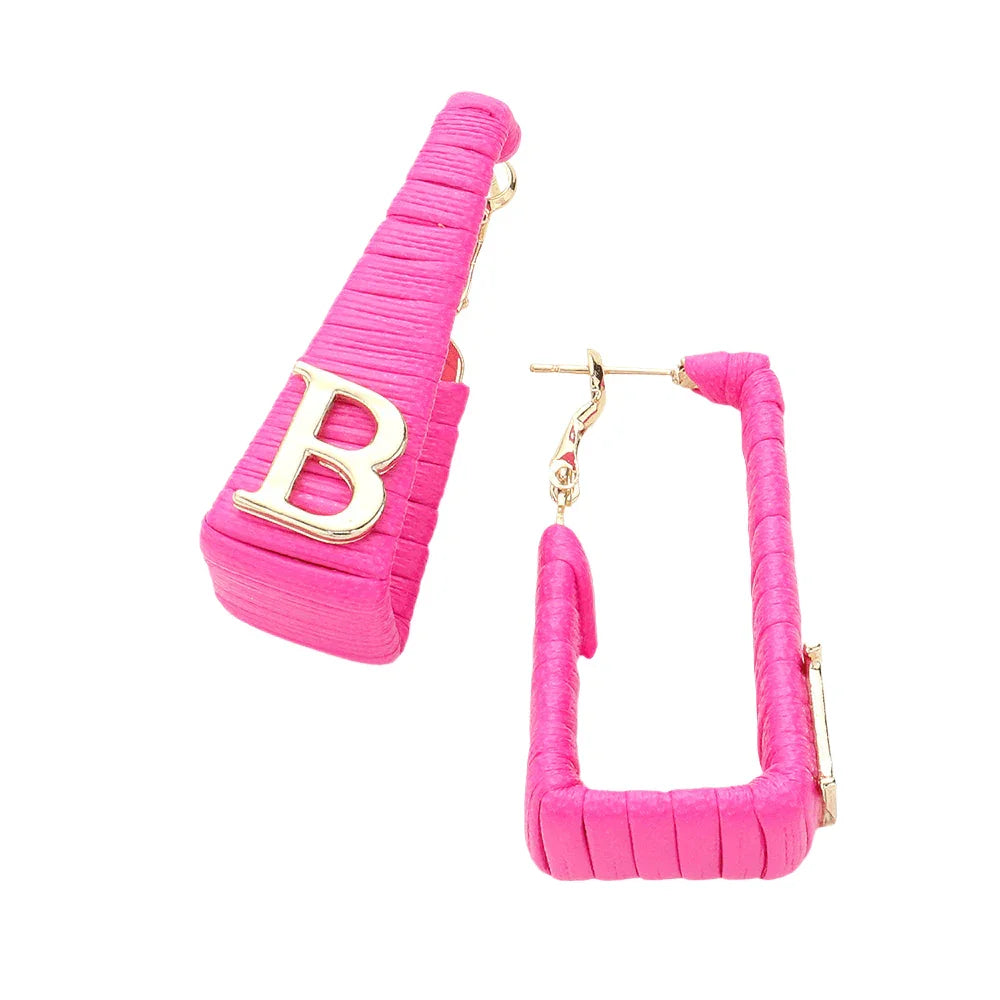 Fuchsia Barbie Pink B Monogram Cord Wrapped Rectangle Hoop Earrings - Jewelry Store by Erik Rayo