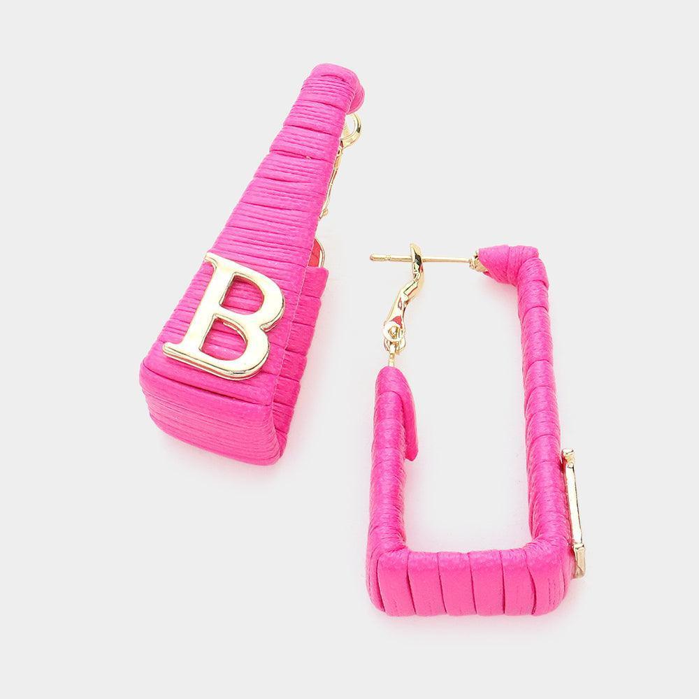 Fuchsia Barbie Pink B Monogram Cord Wrapped Rectangle Hoop Earrings - Jewelry Store by Erik Rayo