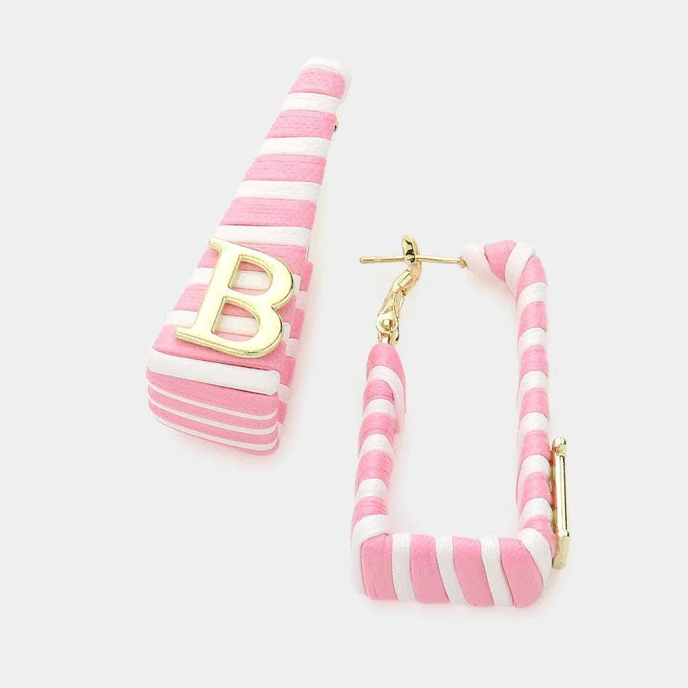 Pink Barbie Pink B Monogram Cord Wrapped Rectangle Hoop Earrings - Jewelry Store by Erik Rayo