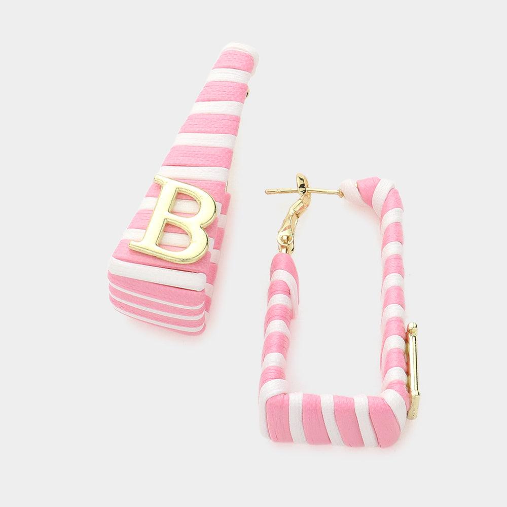 Pink Barbie Pink B Monogram Cord Wrapped Rectangle Hoop Earrings