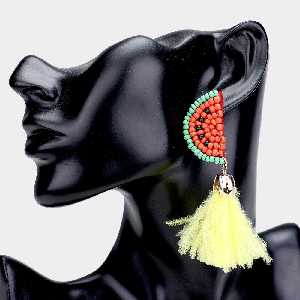 Yellow Seed Bead Watermelon Feather Tassel Dangle Earrings - Jewelry Store by Erik Rayo