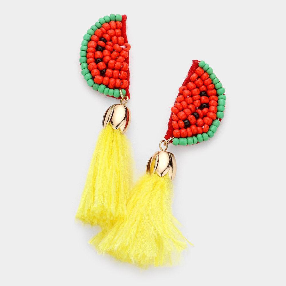Yellow Seed Bead Watermelon Feather Tassel Dangle Earrings - Jewelry Store by Erik Rayo