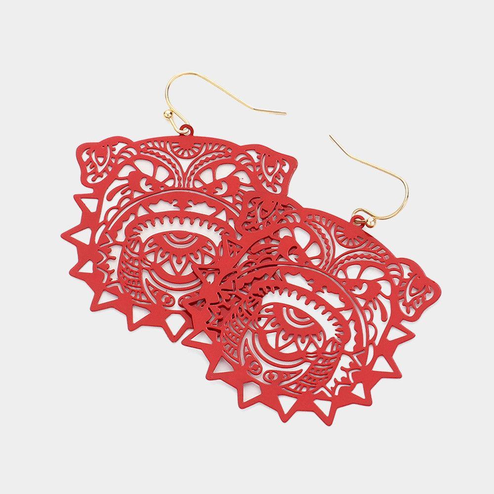 Red Bulldog Filigree Dangle Earrings