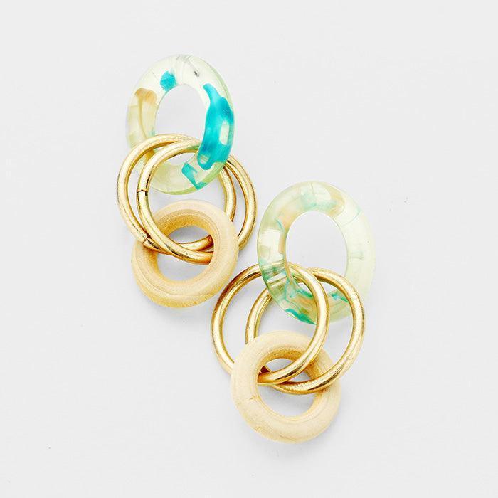 Green Celluloid Acetate Metal Hoop Wood Link Earrings - Jewelry Store by Erik Rayo