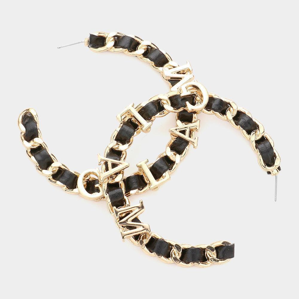 Gold Glam Message Faux Black Leather Metal Chain Hoop Earrings - Jewelry Store by Erik Rayo