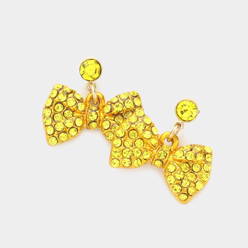 Yellow Rhinestone Embellished Bow Dangle Earrings