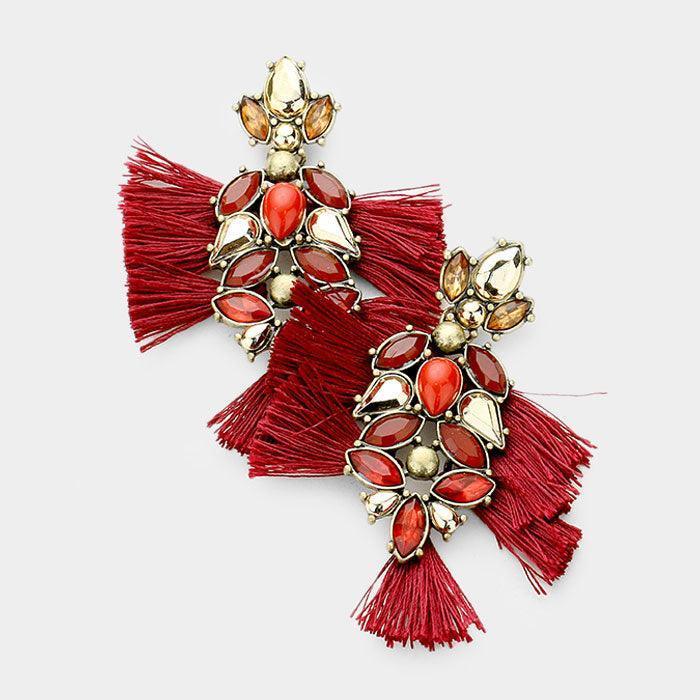 Burgundy Crystal Embellished Tassel Statement Dangle Earrings - Jewelry Store by Erik Rayo