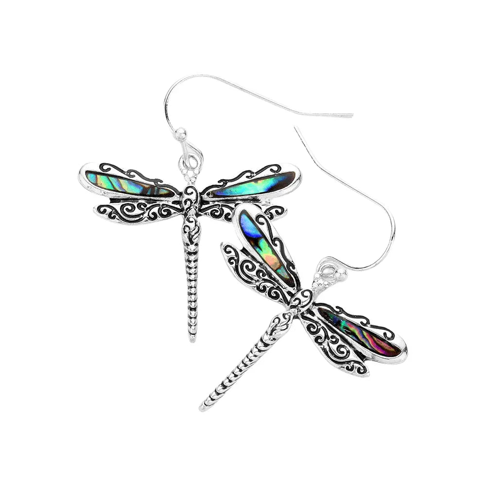 Silver Antique Metal Abalone Dragonfly Dangle Earrings - Jewelry Store by Erik Rayo