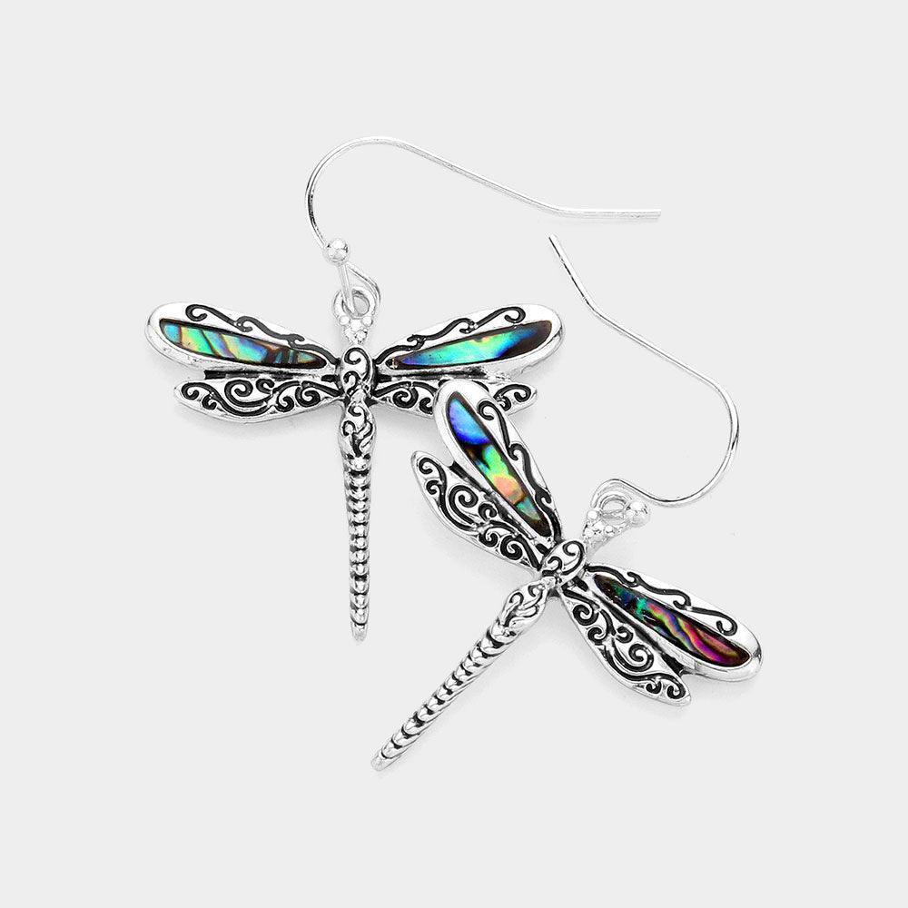 Silver Antique Metal Abalone Dragonfly Dangle Earrings - Jewelry Store by Erik Rayo