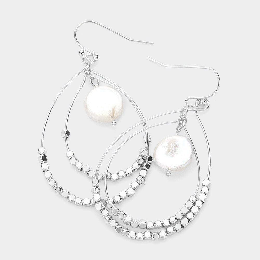 Cream Fresh Water Pearl Pointed Double Metal Teardrop Wire Dangle Earrings - Jewelry Store by Erik Rayo