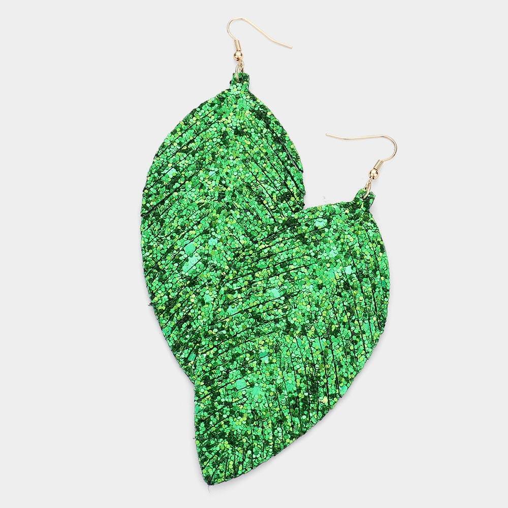 Green Glitter Genuine Leather Feather Dangle Earrings - Jewelry Store by Erik Rayo