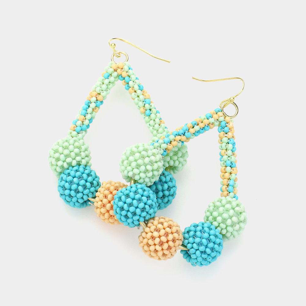 Turquoise Seed Beaded Ball Teardrop Dangle Earrings