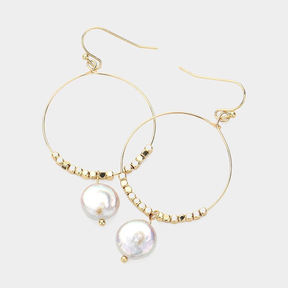 Cream Freshwater Pearl Pointed Open Circle Wire Dangle Earrings - Jewelry Store by Erik Rayo