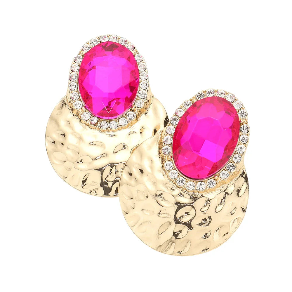 Fuchsia Oval Stone Accented Textured Metal Earrings - Jewelry Store by Erik Rayo