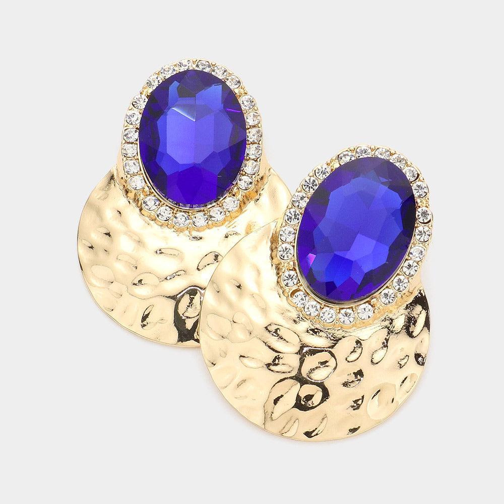 Blue Oval Stone Accented Textured Metal Earrings - Jewelry Store by Erik Rayo