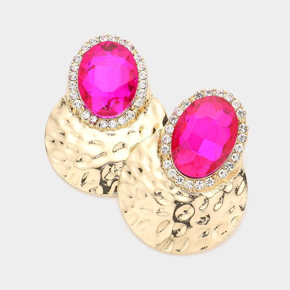 Fuchsia Oval Stone Accented Textured Metal Earrings - Jewelry Store by Erik Rayo