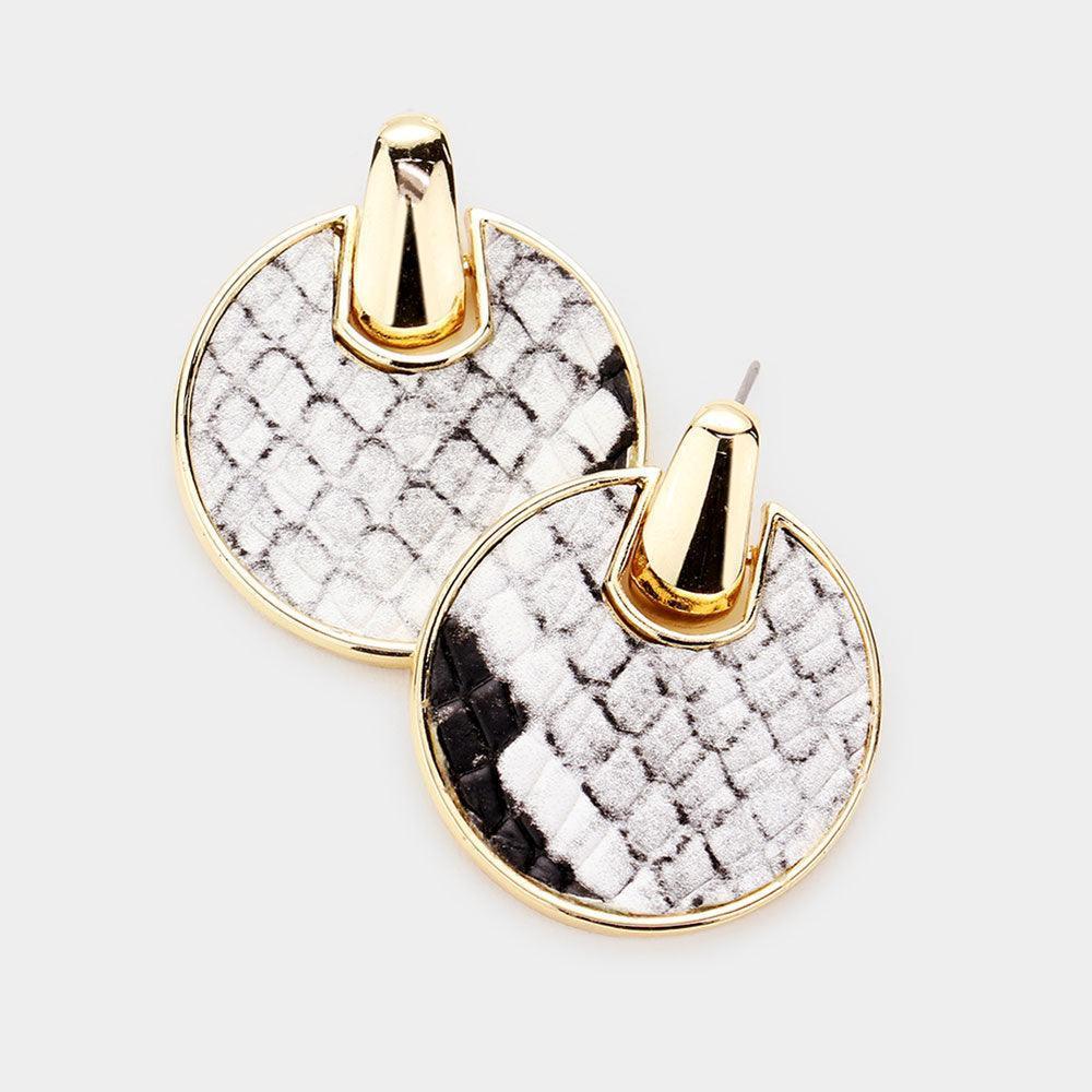 Gray Faux Leather Snake Pattern Metal Trim Dangle Earrings - Jewelry Store by Erik Rayo