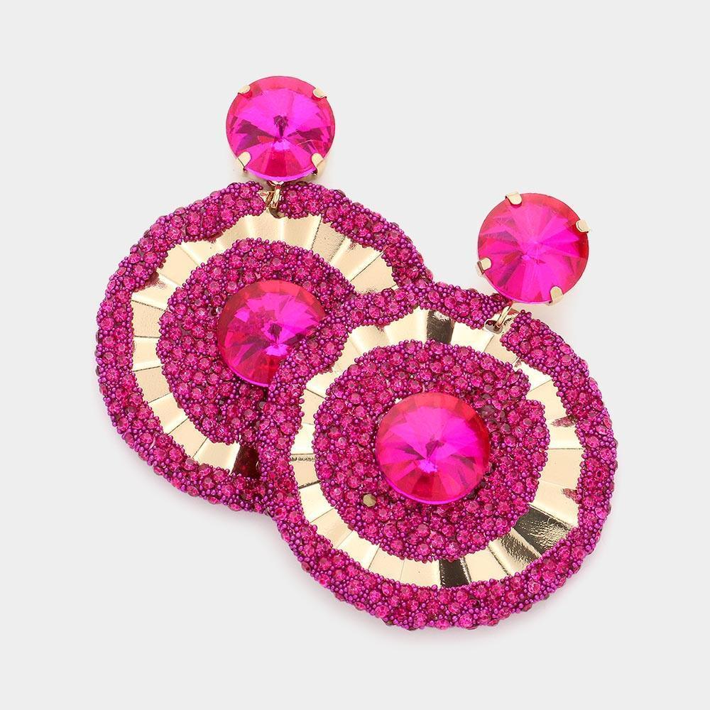 Fuchsia Round Stone Bent Metal Round Link Dangle Earrings - Jewelry Store by Erik Rayo