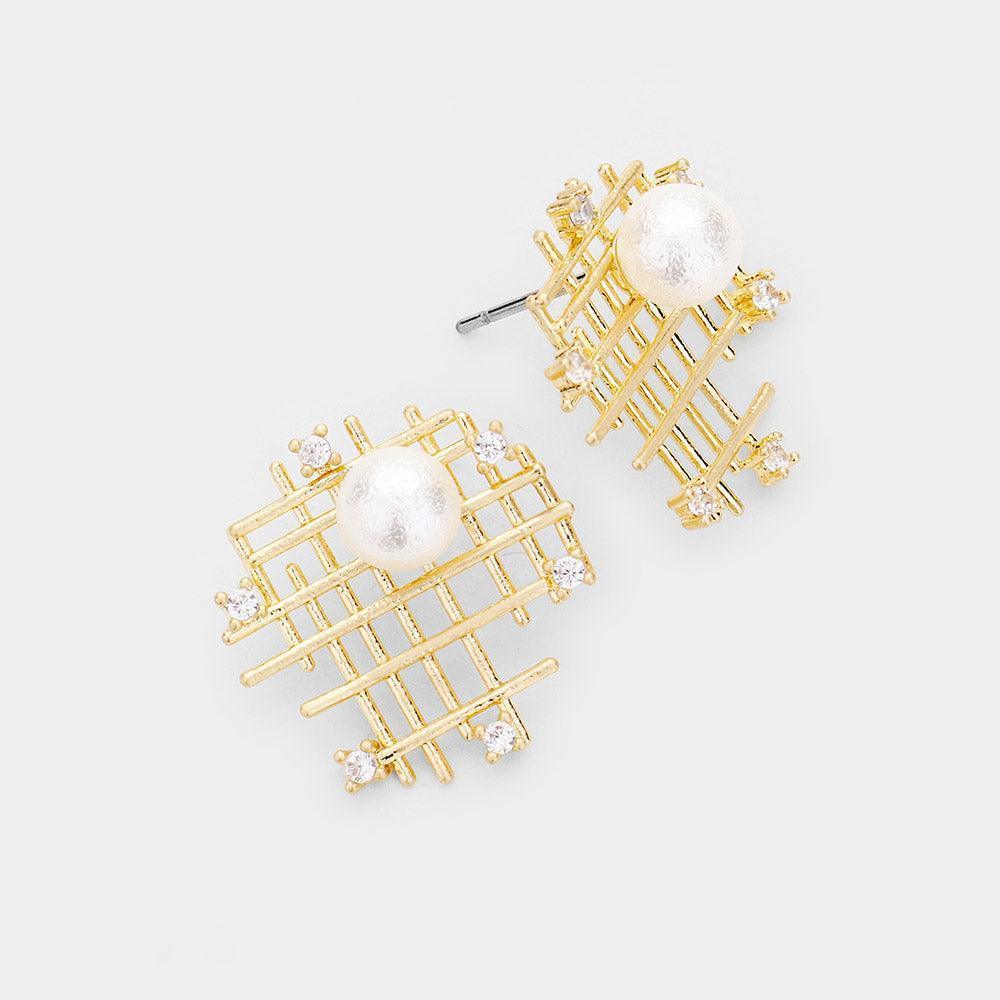 Gold Brass Metal Pearl Mesh Earrings - Jewelry Store by Erik Rayo