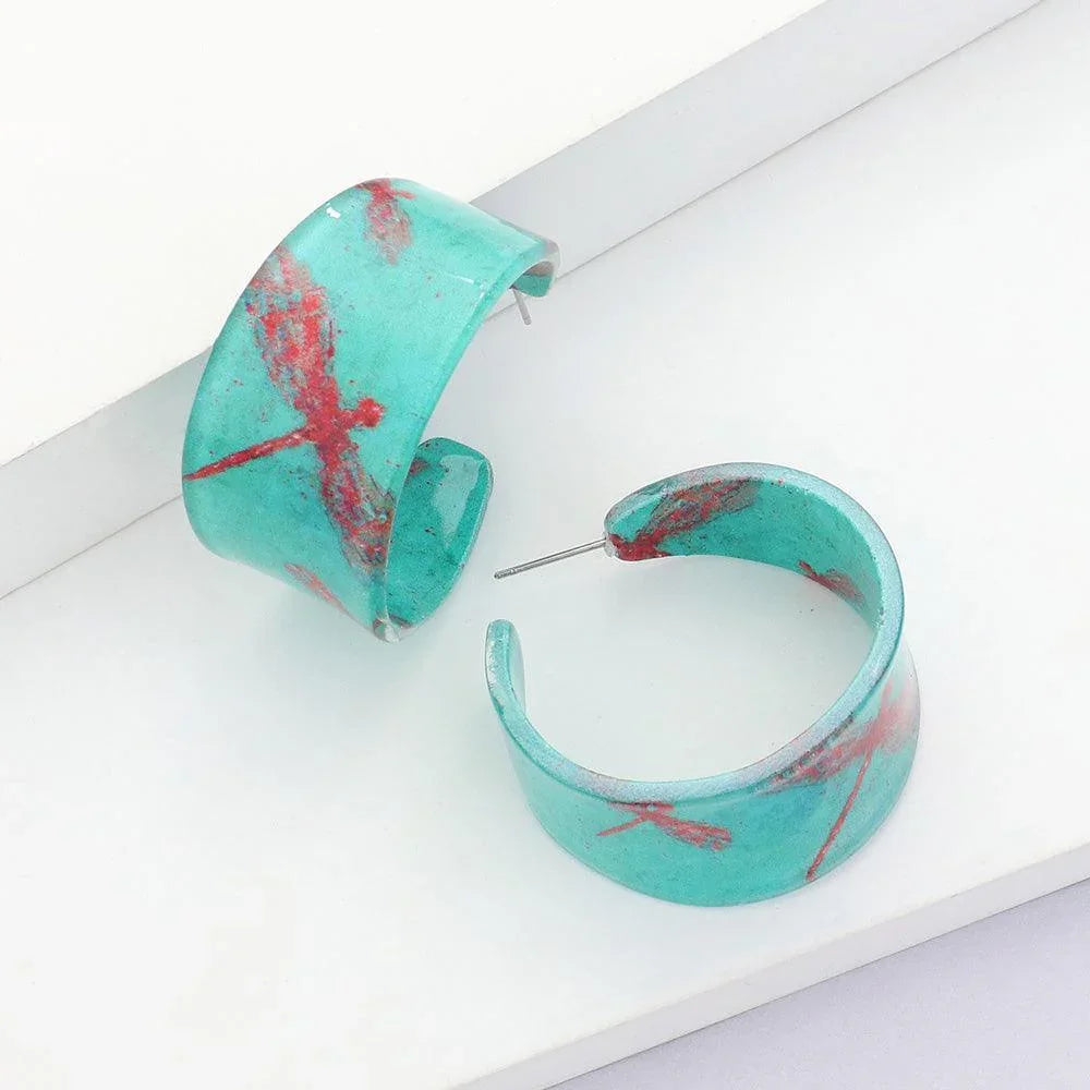 Silver Dragonfly Printed Acrylic Hoop Earrings - Jewelry Store by Erik Rayo