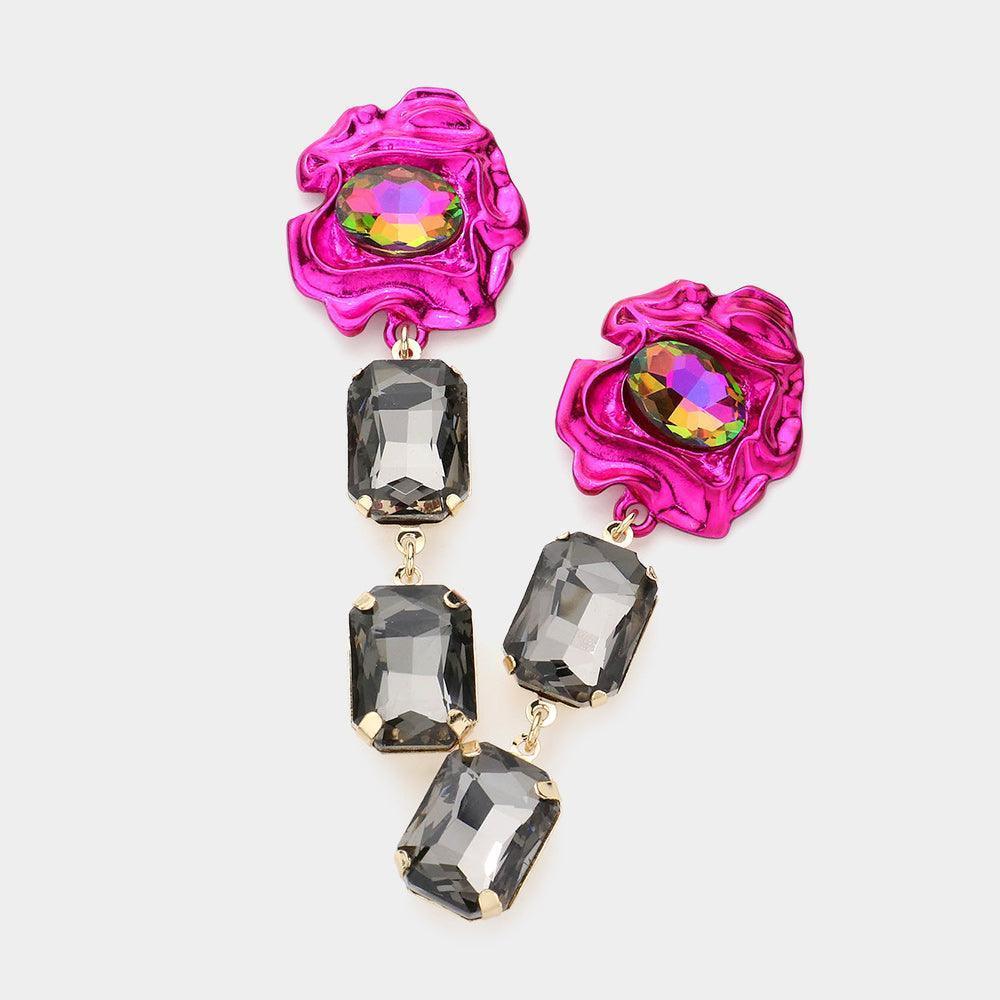 Black Abstract Flower Double Emerald Cut Stone Link Dangle Earrings - Jewelry Store by Erik Rayo