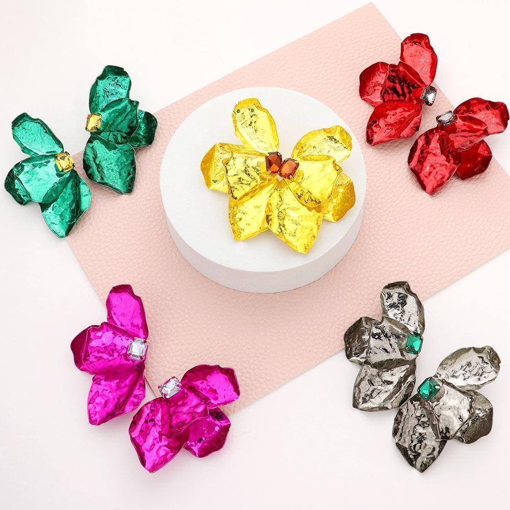 Emerald Cut Stone Pointed Colored Metal Flower Earrings - Jewelry Store by Erik Rayo