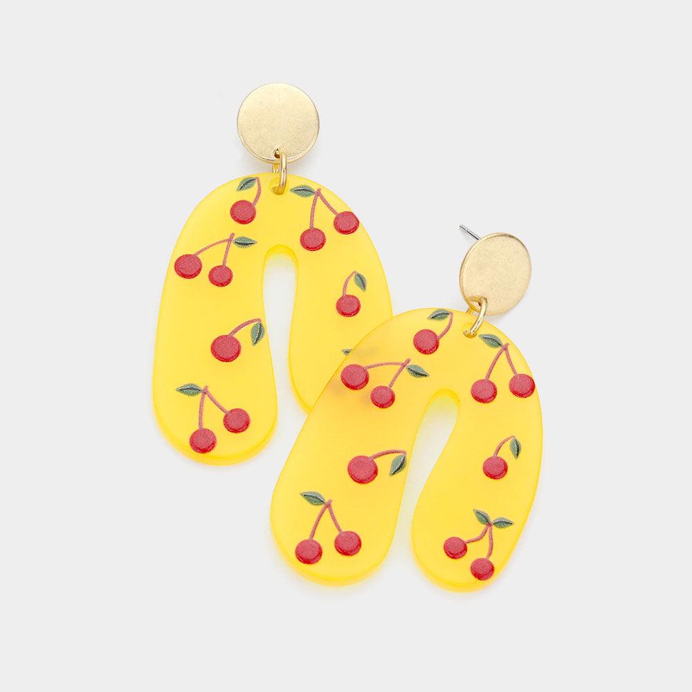 Yellow Cherry Printed Resin Dangle Earrings