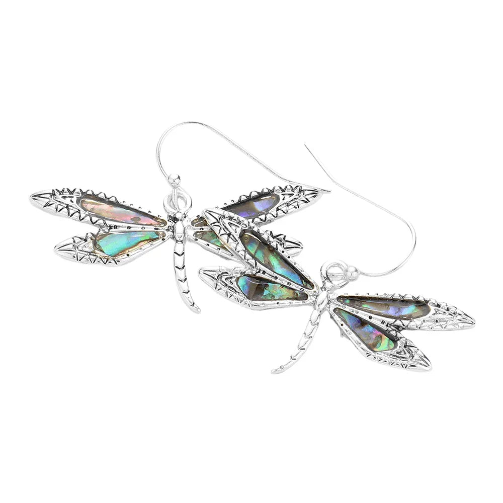 Silver Abalone Dragonfly Dangle Earrings - Jewelry Store by Erik Rayo