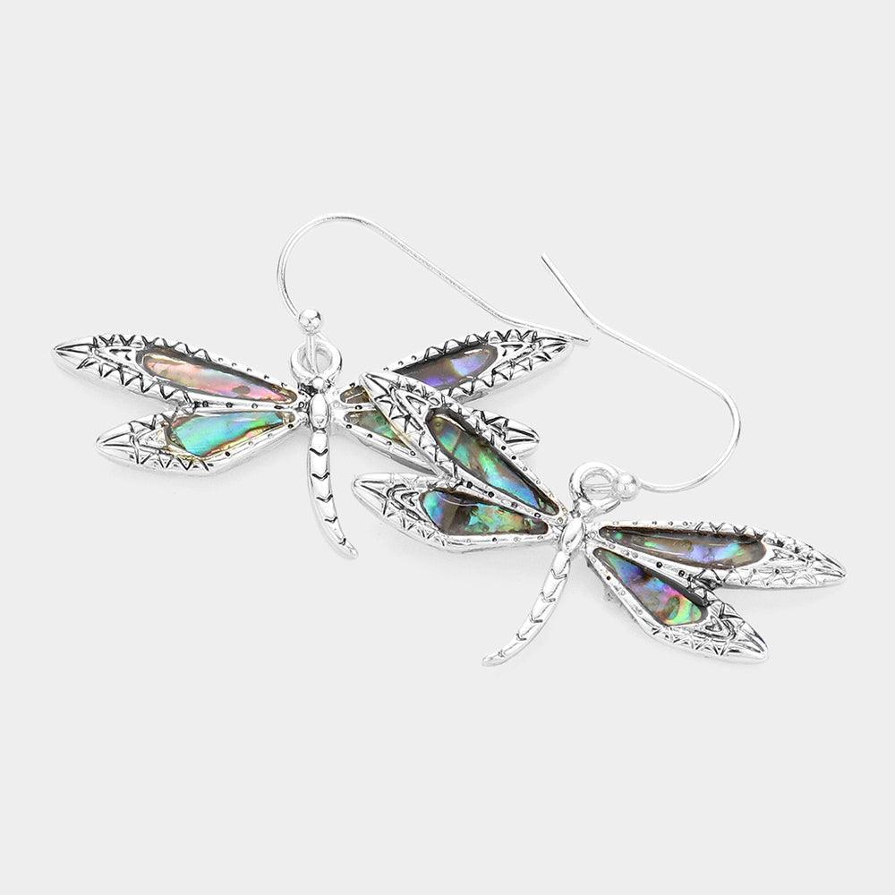 Silver Abalone Dragonfly Dangle Earrings - Jewelry Store by Erik Rayo