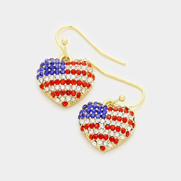 Clear Pave American flag heart earrings