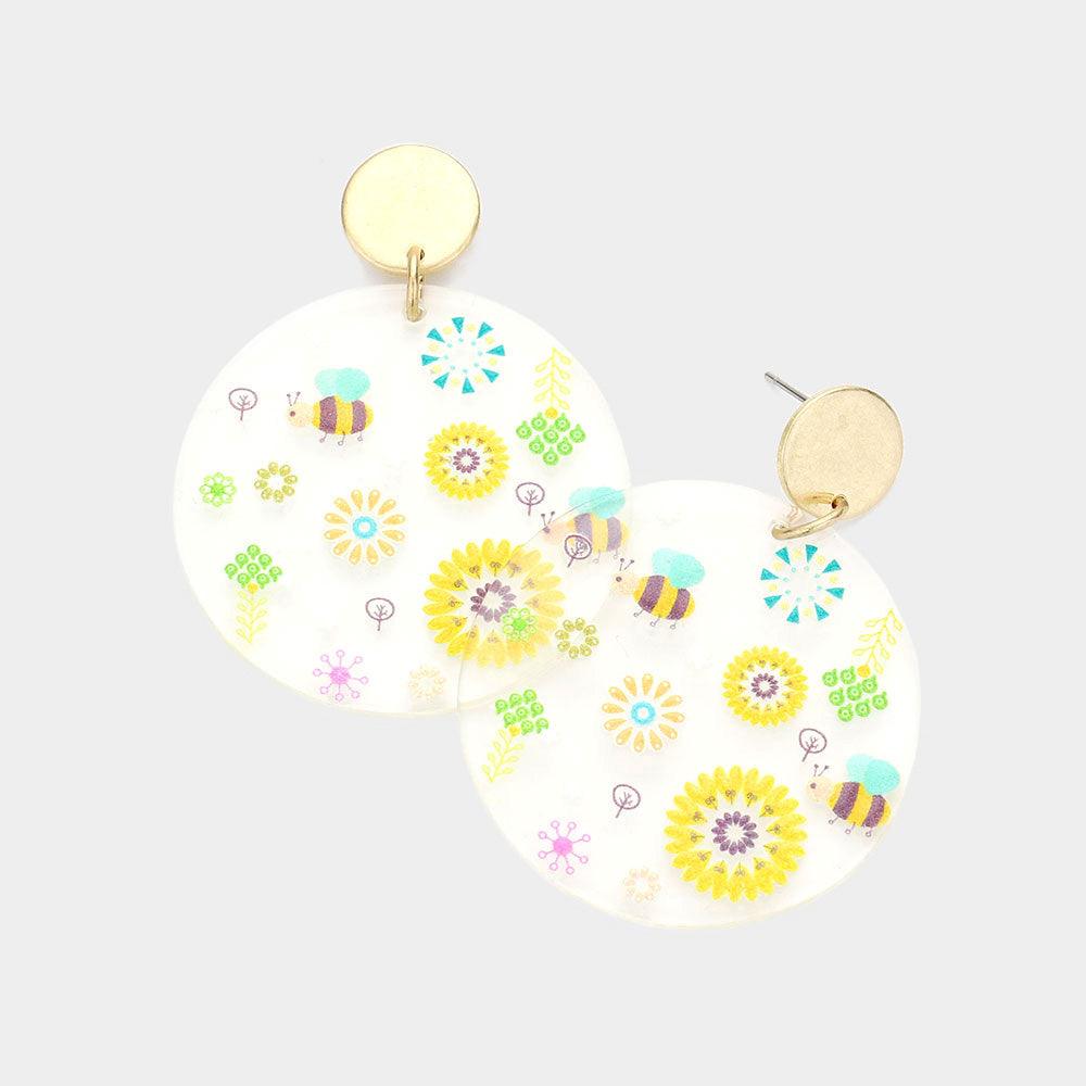 Gold Flower Honey Bee Printed Clear Lucite Dangle Earrings