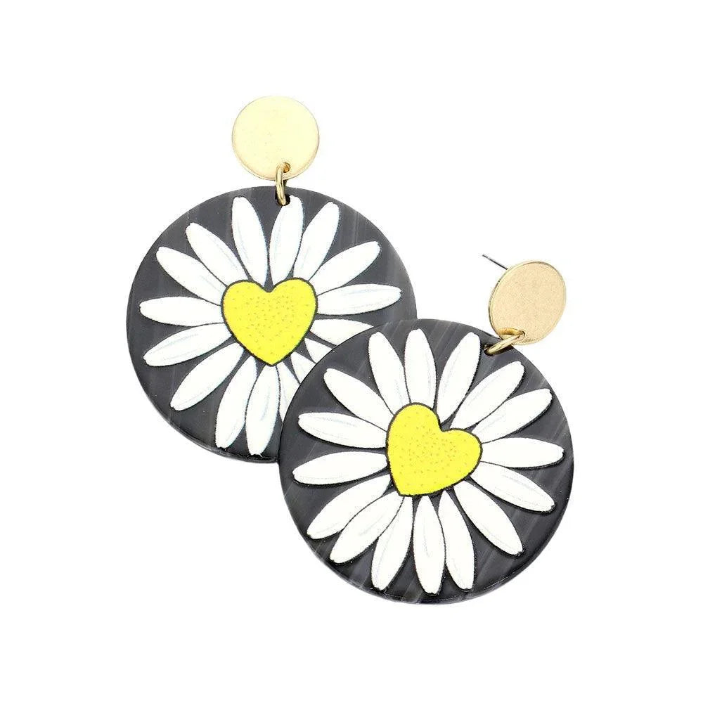 Black Heart Centered Daisy Flower Printed Resin Dangle Earrings - Jewelry Store by Erik Rayo