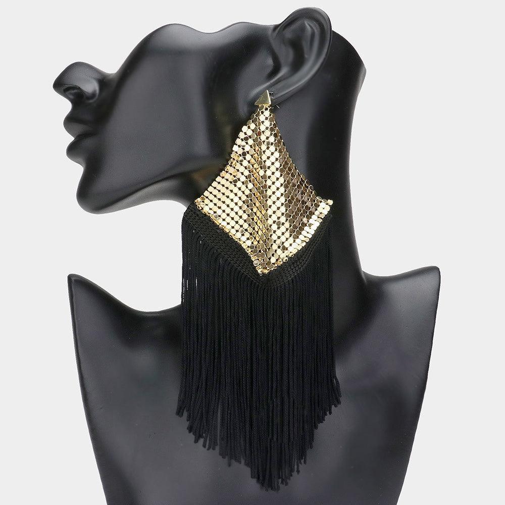 Black Oversized Mesh Metal Thread Fringe Earrings - Jewelry Store by Erik Rayo