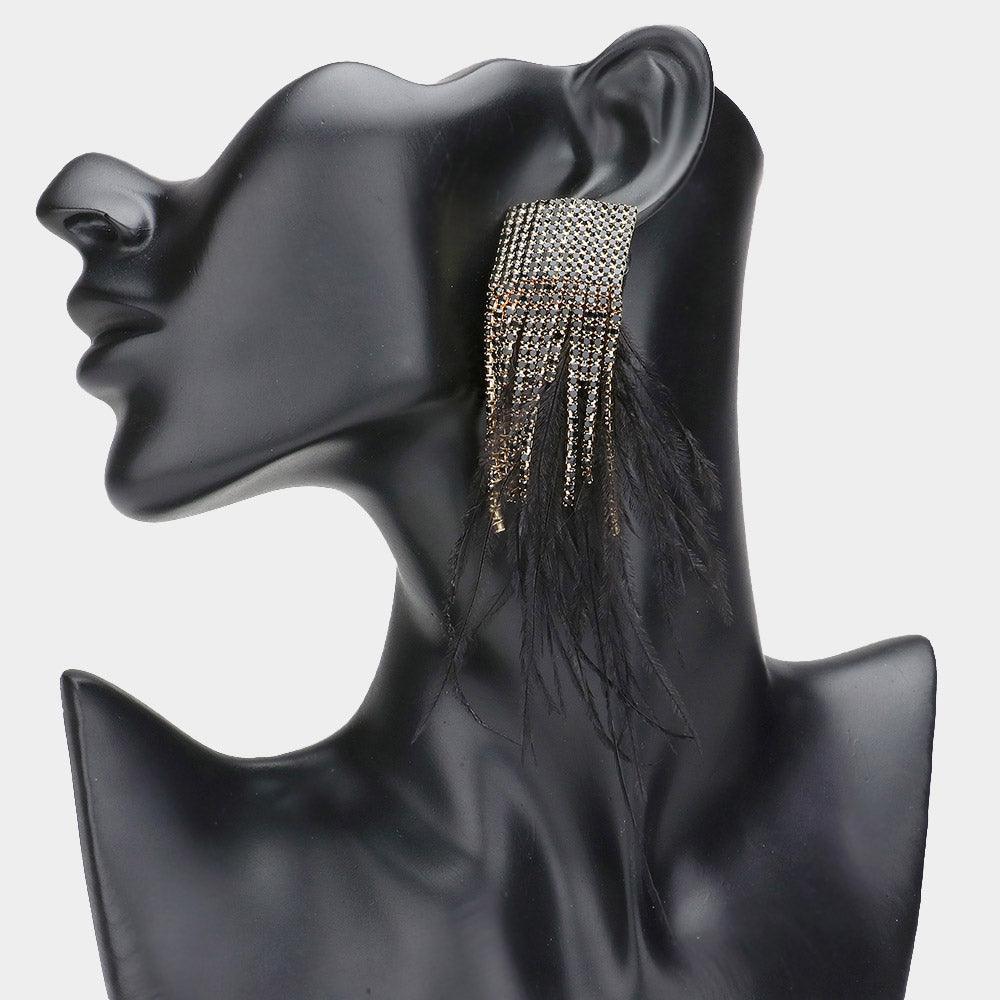 Black Rhinestone Paved Feather Fringe Earrings - Jewelry Store by Erik Rayo