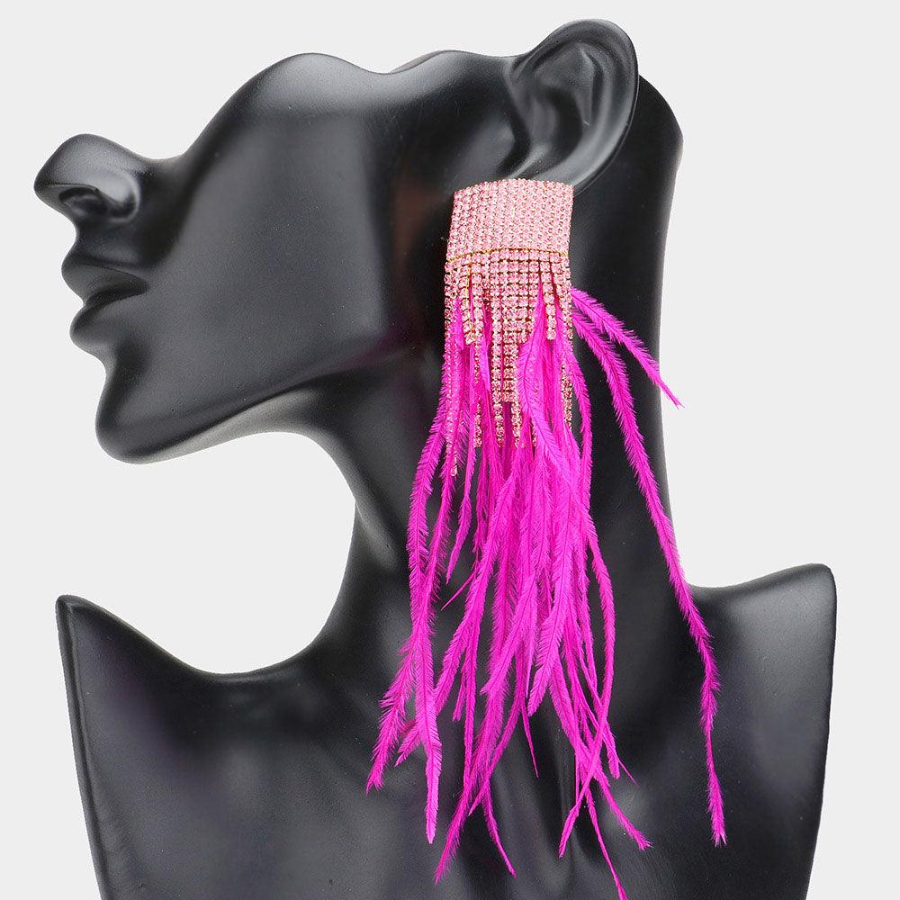 Red Rhinestone Paved Feather Fringe Earrings