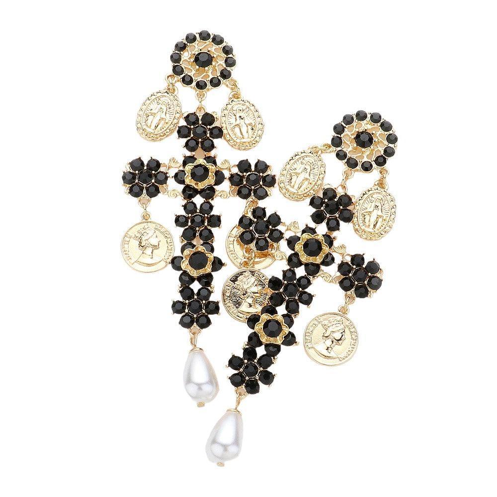 Black Flower Rhinestone Paved Pearl Pointed Earrings - Jewelry Store by Erik Rayo