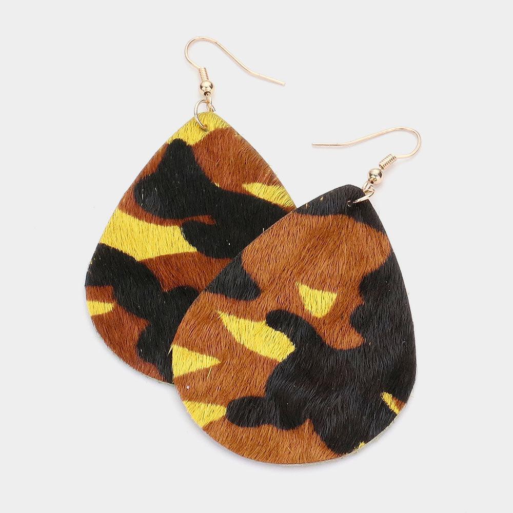 Mustard Camouflage Patterned Genuine Leather Teardrop Dangle Earrings - Jewelry Store by Erik Rayo