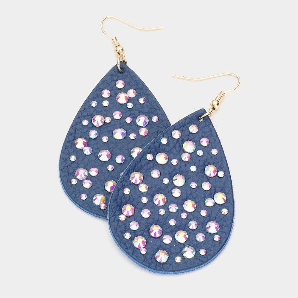 Blue Stone Embellished Genuine Leather Teardrop Dangle Earrings - Jewelry Store by Erik Rayo