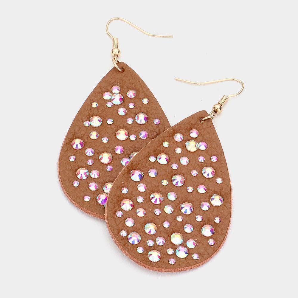 Brown Stone Embellished Genuine Leather Teardrop Dangle Earrings - Jewelry Store by Erik Rayo