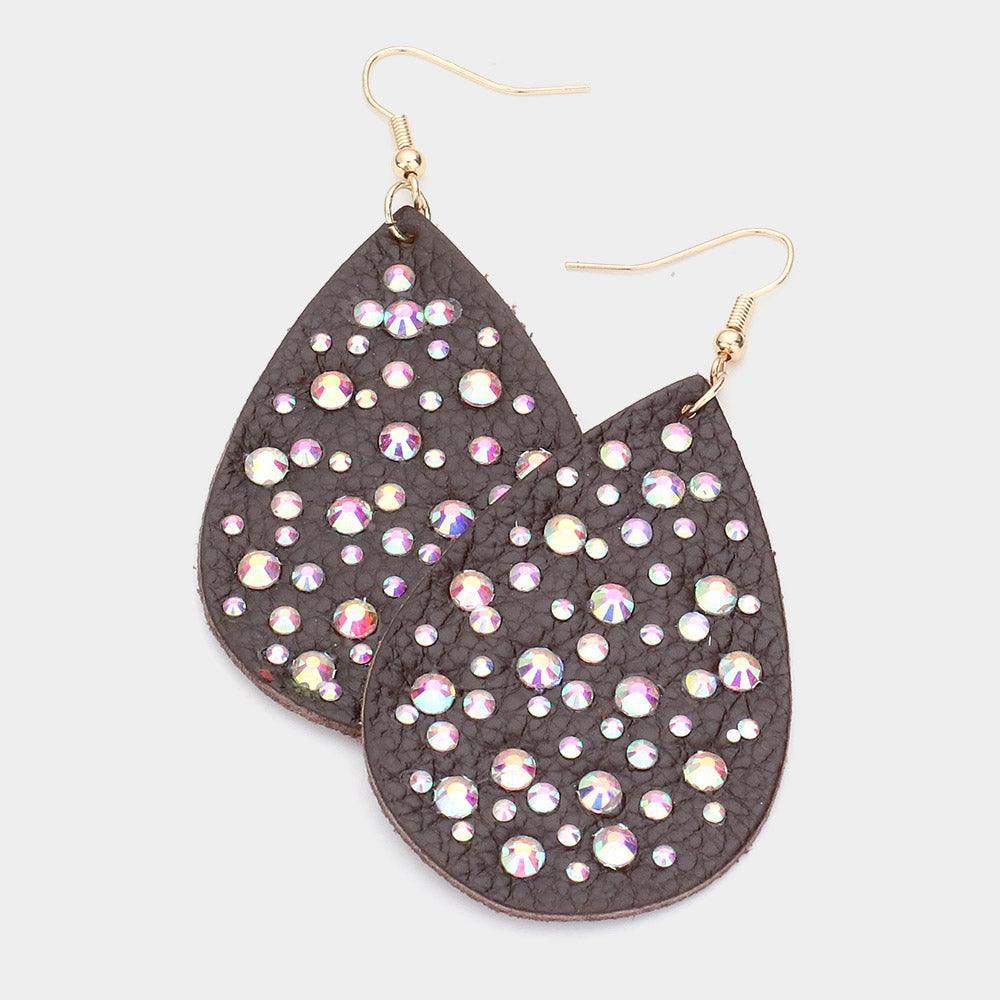 Brown Stone Embellished Genuine Leather Teardrop Dangle Earrings - Jewelry Store by Erik Rayo