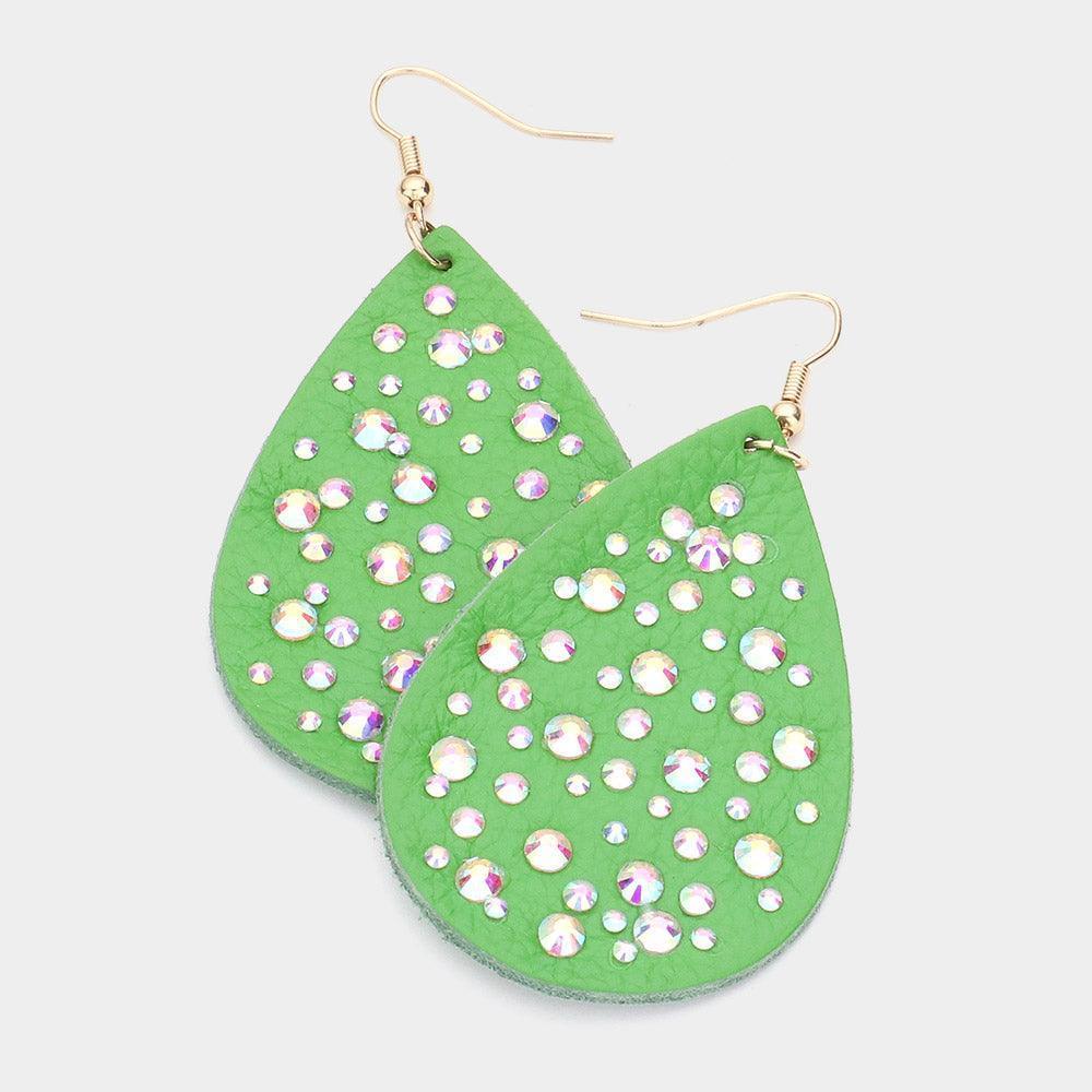 Stone Embellished Genuine Leather Teardrop Dangle Earrings - Jewelry Store by Erik Rayo