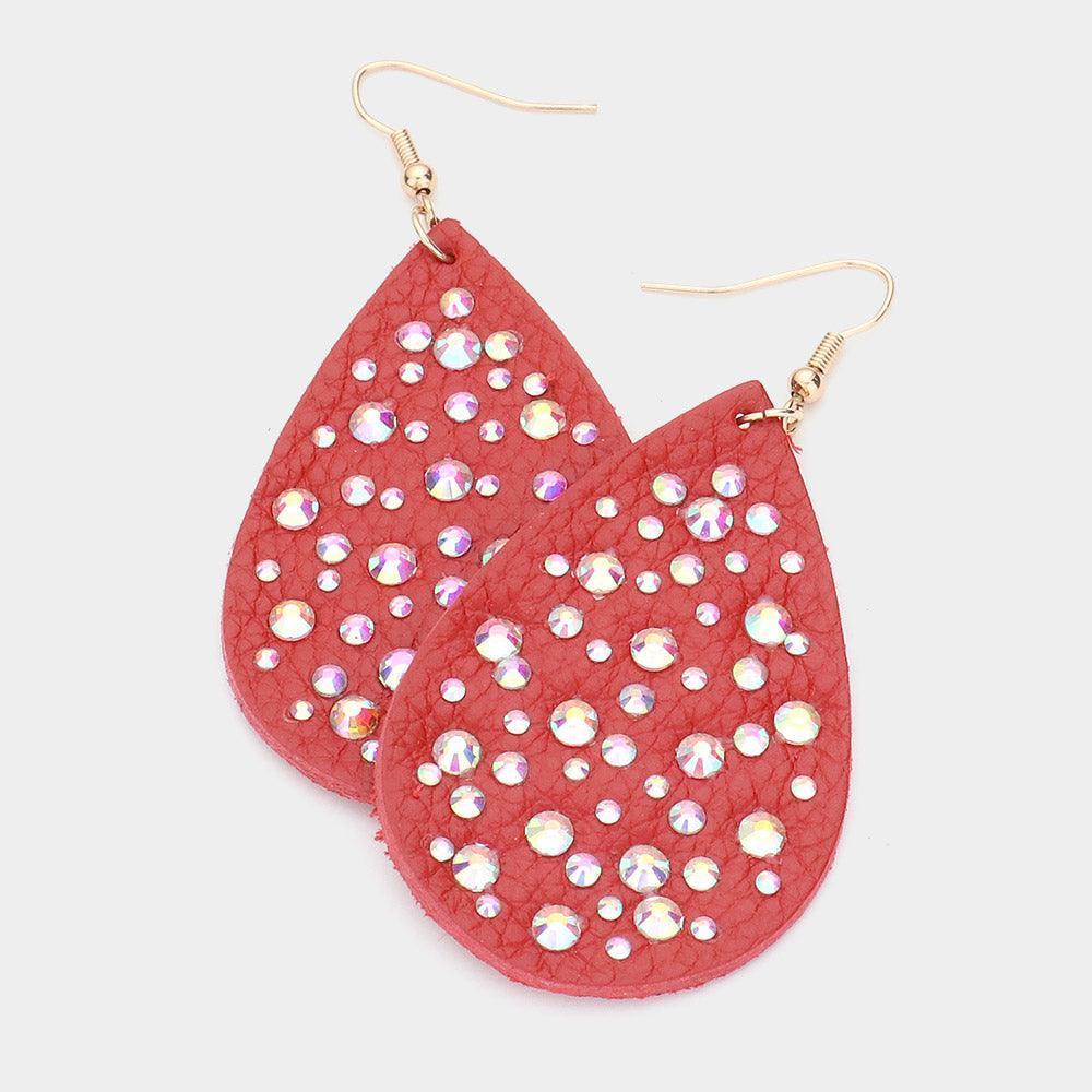 Red Stone Embellished Genuine Leather Teardrop Dangle Earrings - Jewelry Store by Erik Rayo