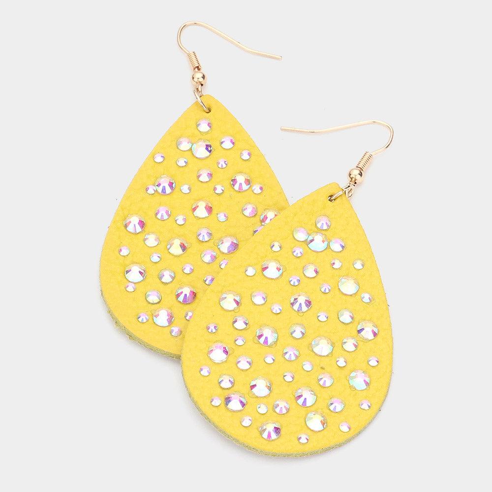 Yellow Stone Embellished Genuine Leather Teardrop Dangle Earrings