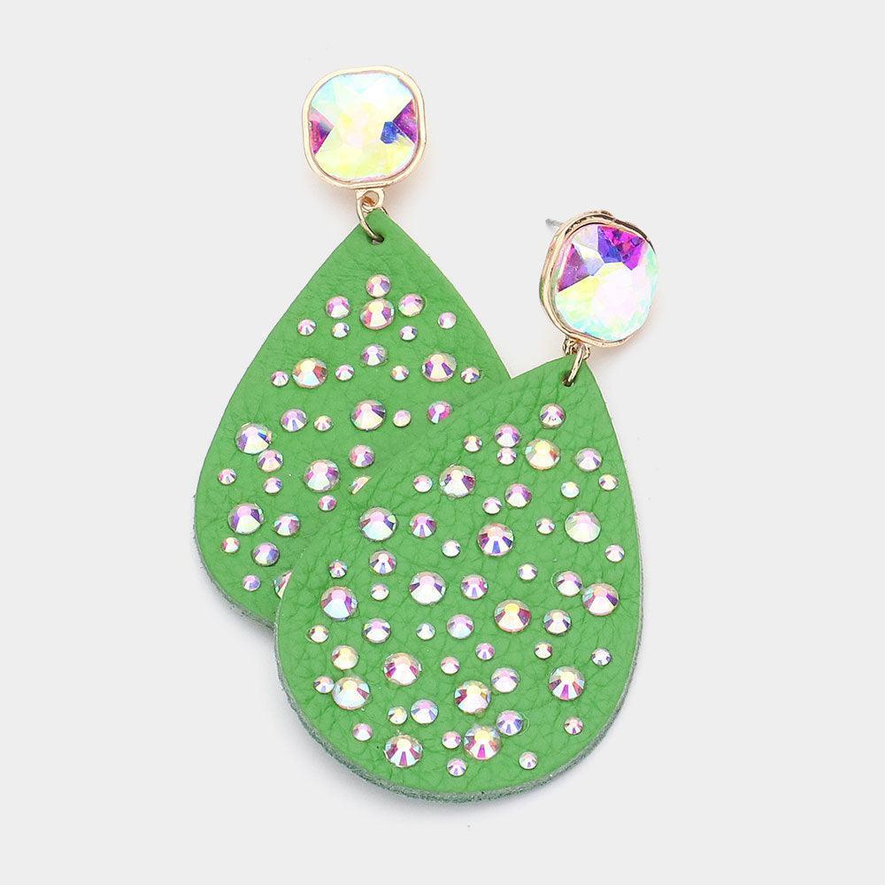 Stone Embellished Genuine Leather Teardrop Dangle Earrings - Jewelry Store by Erik Rayo