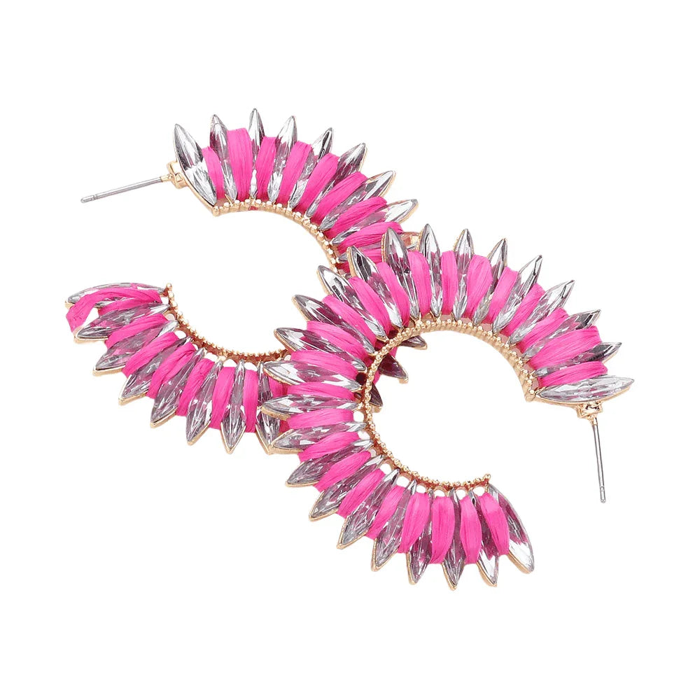 Red Raffia Wrapped Marquise Stone Cluster Hoop Earrings - Jewelry Store by Erik Rayo