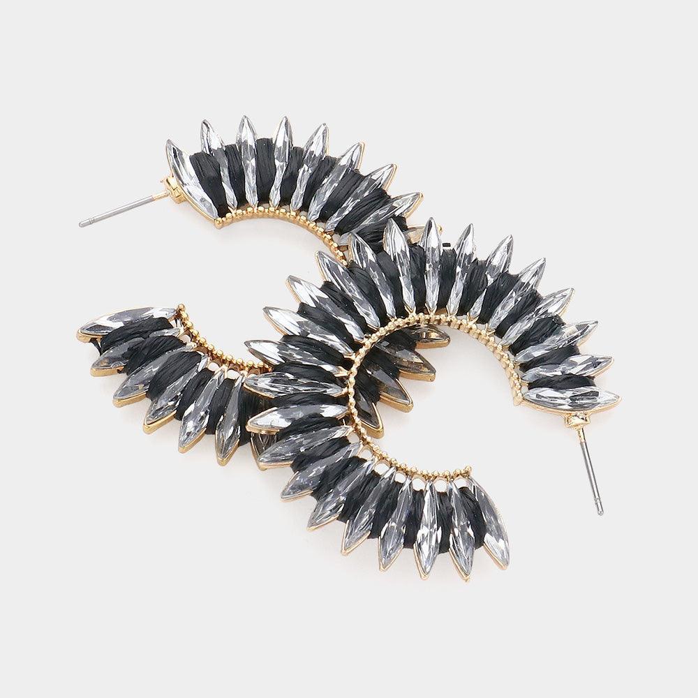 Black Raffia Wrapped Marquise Stone Cluster Hoop Earrings - Jewelry Store by Erik Rayo