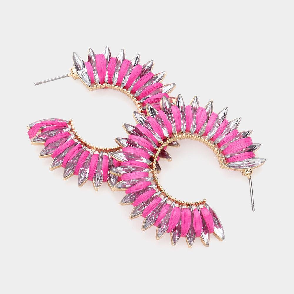 Red Raffia Wrapped Marquise Stone Cluster Hoop Earrings - Jewelry Store by Erik Rayo